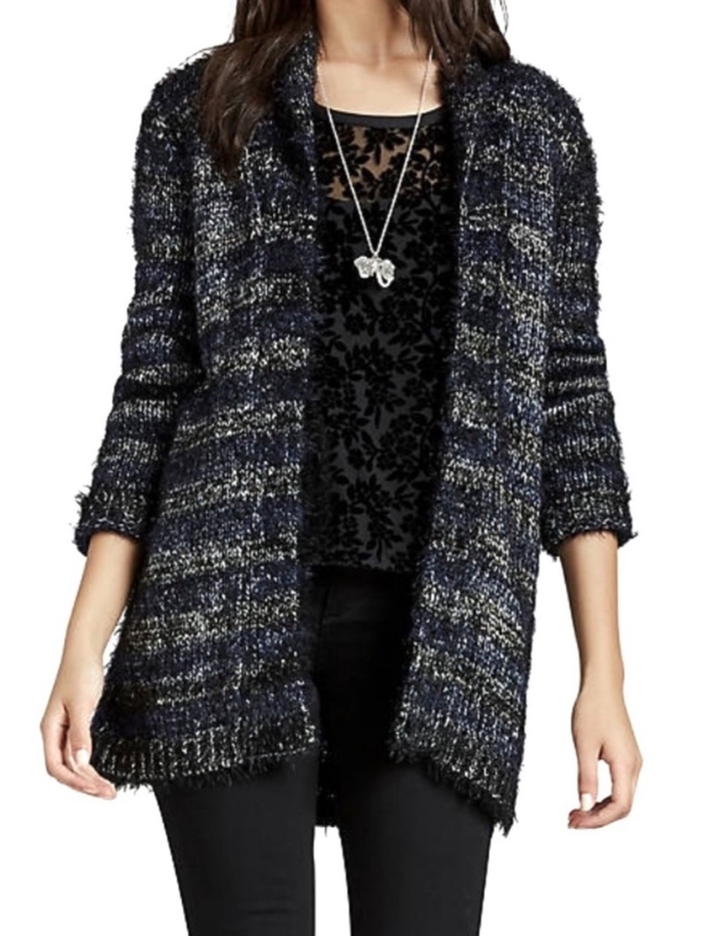 Lucky Brand Navy and Black Open-Front Chunky Marled Knit Open Front Cardigan